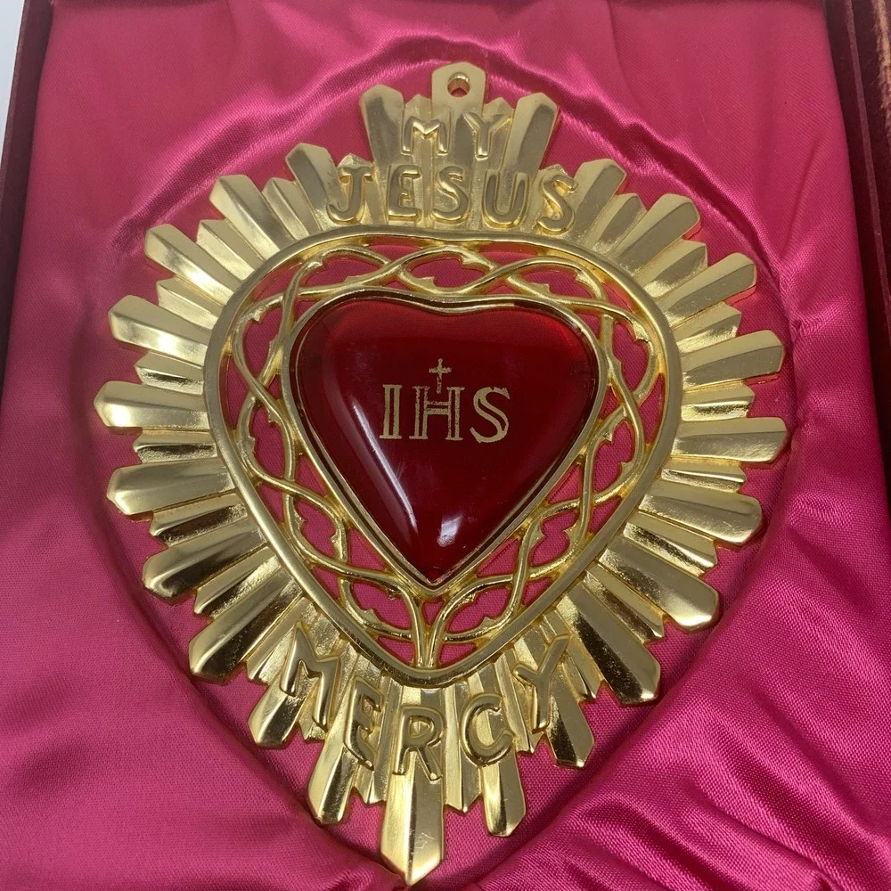 Vintage My Jesus Mercy IHS Sacred Heart Catholic Plaque Ex Voto Original Box 6.5
